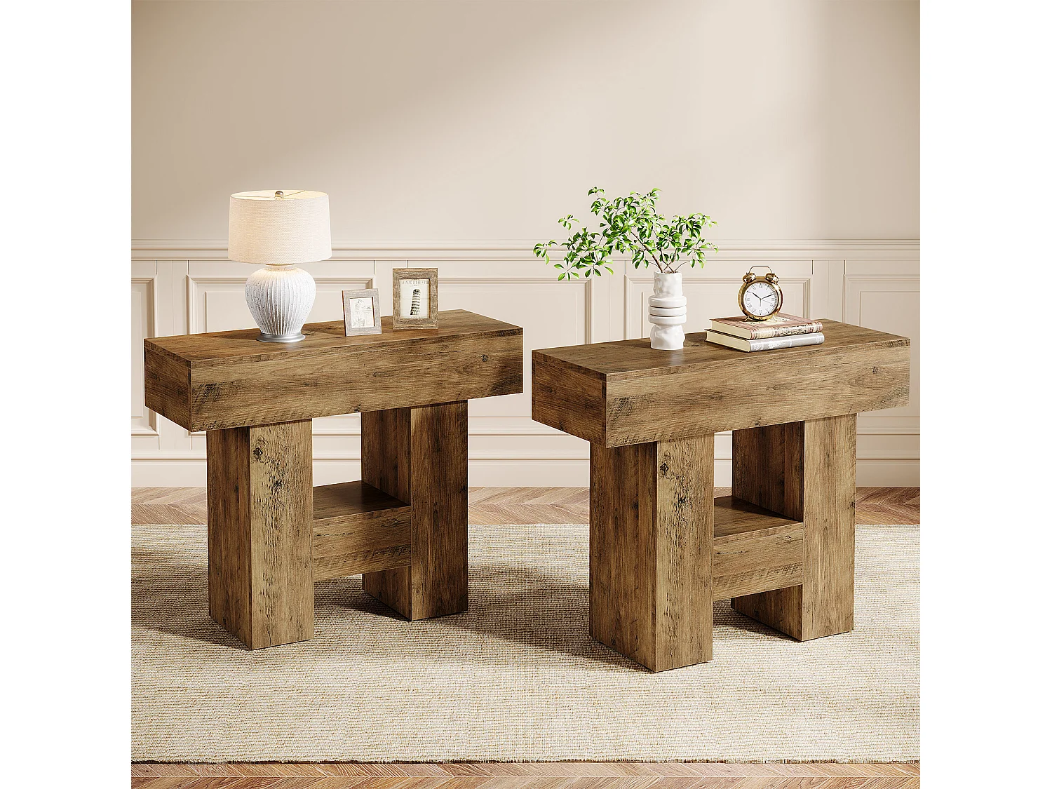 Schmale Beistelltisch, Landhausstil Sofaseitentisch mit 2-stufiger Ablageplattform