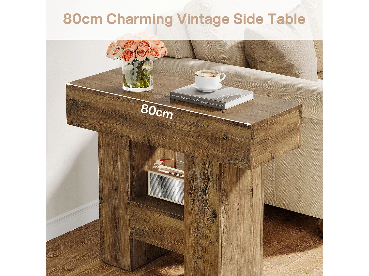 Schmale Beistelltisch, Landhausstil Sofaseitentisch mit 2-stufiger Ablageplattform