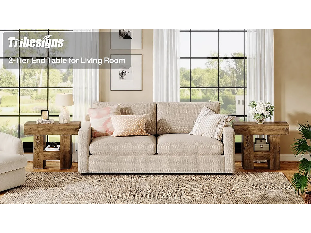 Table d'appoint étroite, table de chevet de style campagnard avec étagère de rangement à 2 niveaux