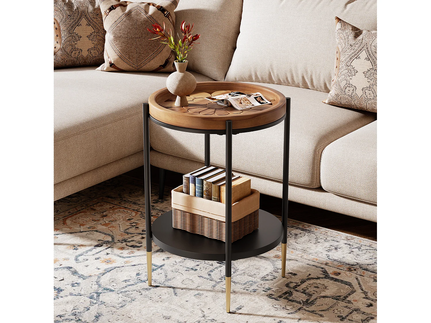 Table d'appoint ronde, table de chevet à 2 niveaux en bois massif et métal, style industriel pour petits espaces