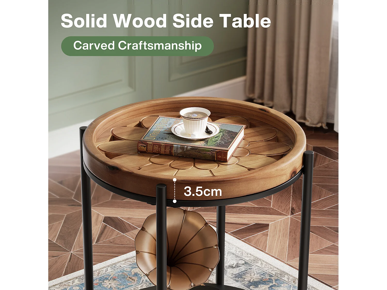 Table d'appoint ronde, table de chevet à 2 niveaux en bois massif et métal, style industriel pour petits espaces