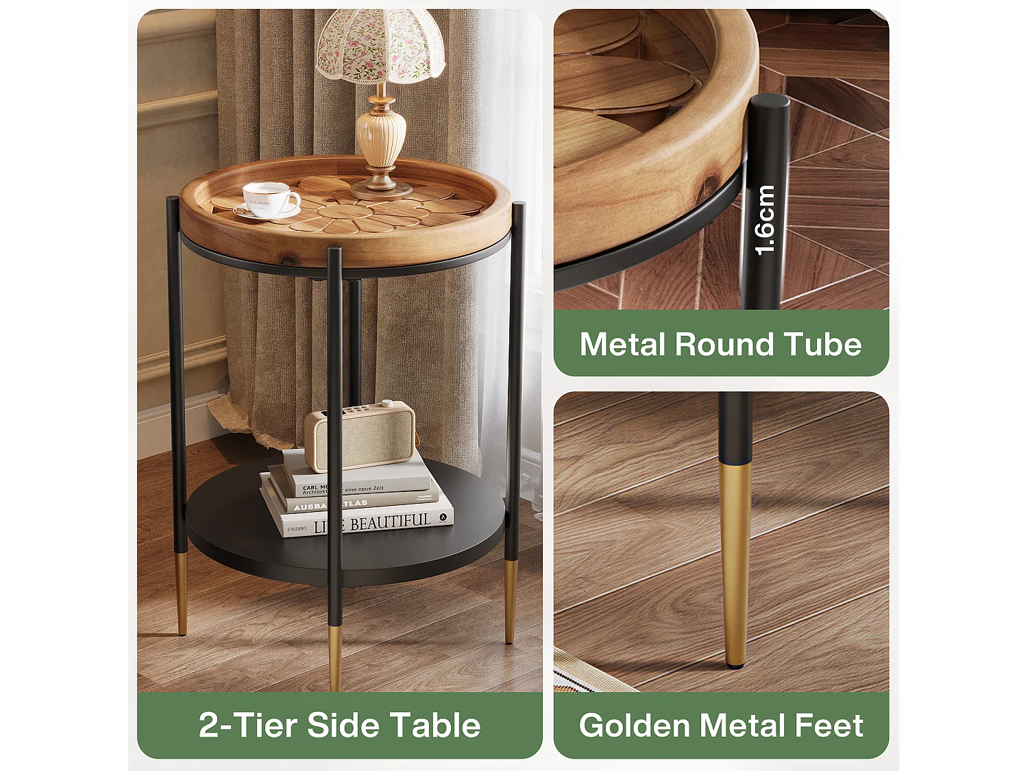 Table d'appoint ronde, table de chevet à 2 niveaux en bois massif et métal, style industriel pour petits espaces