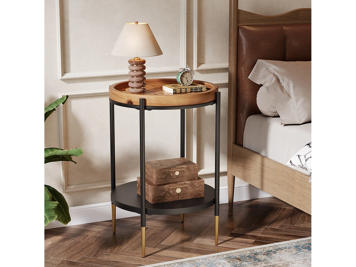 Table d'appoint ronde, table de chevet à 2 niveaux en bois massif et métal, style industriel pour petits espaces