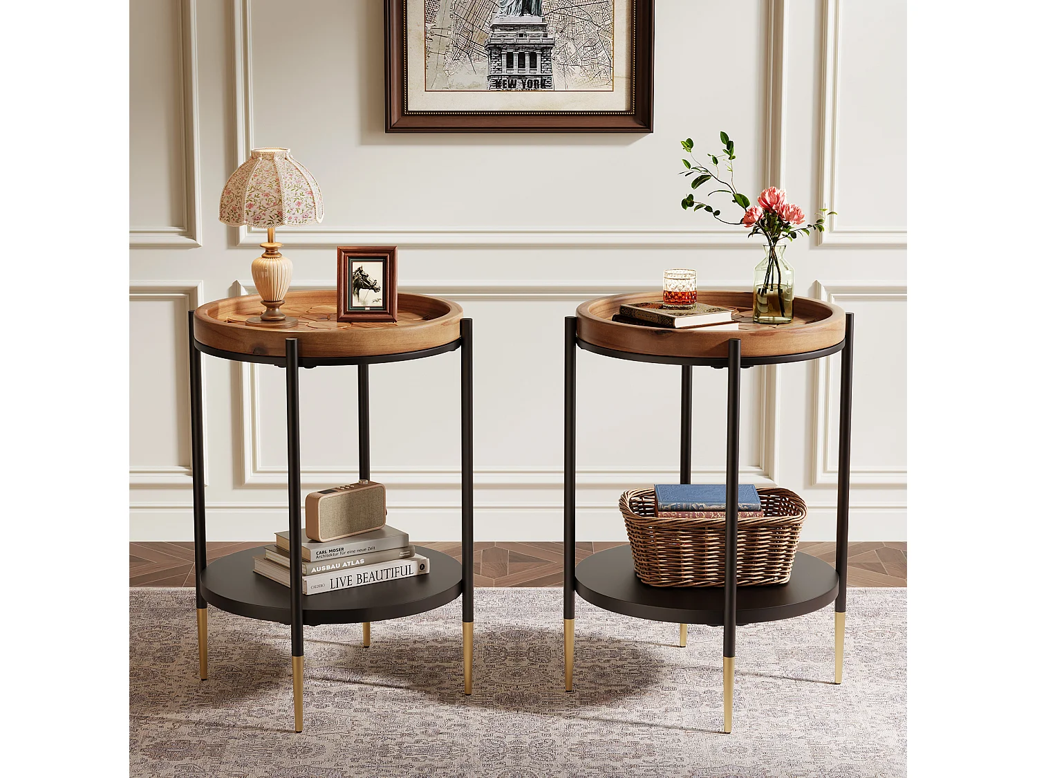 Table d'appoint ronde, table de chevet à 2 niveaux en bois massif et métal, style industriel pour petits espaces