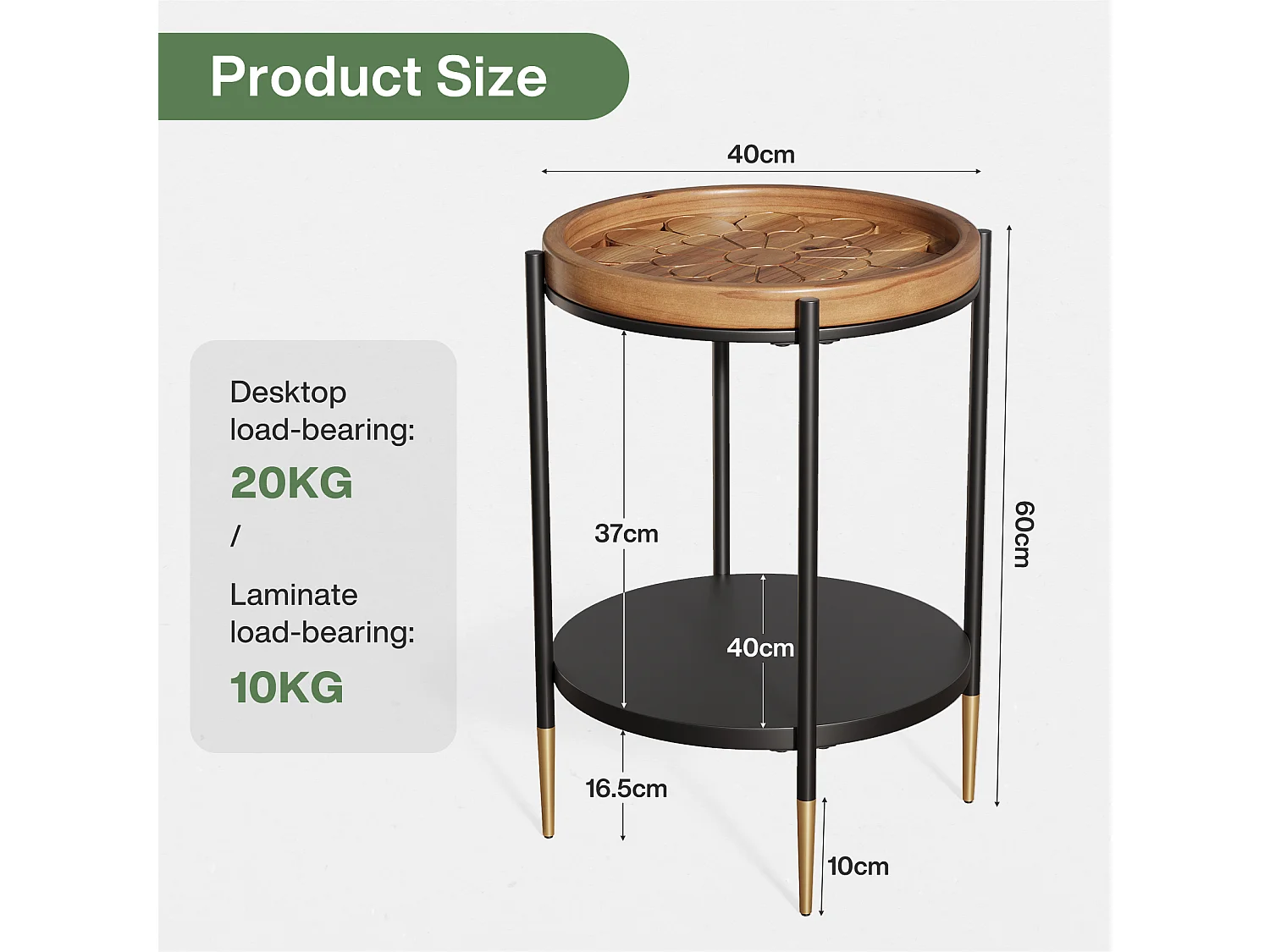 Table d'appoint ronde, table de chevet à 2 niveaux en bois massif et métal, style industriel pour petits espaces