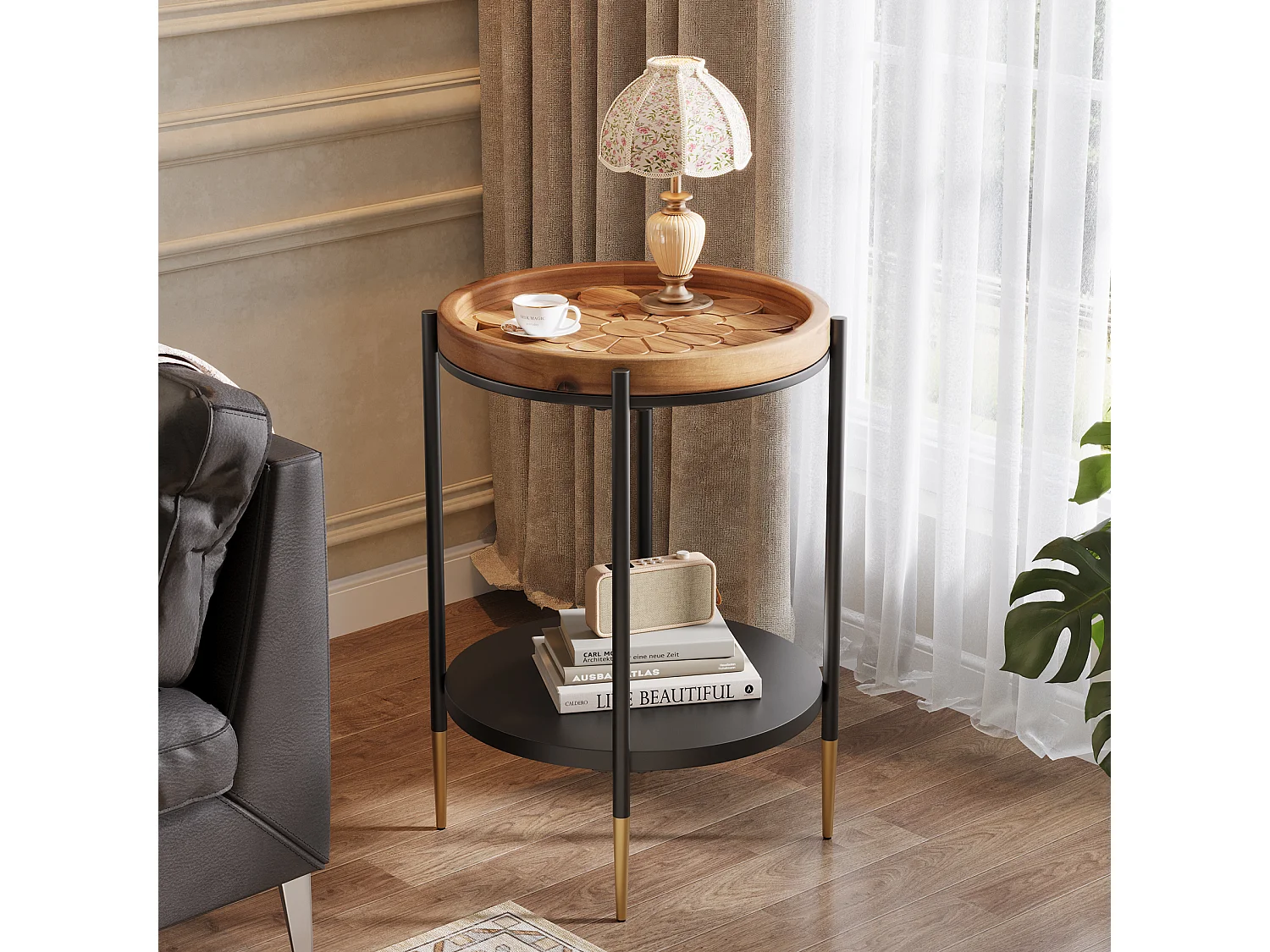 Table d'appoint ronde, table de chevet à 2 niveaux en bois massif et métal, style industriel pour petits espaces