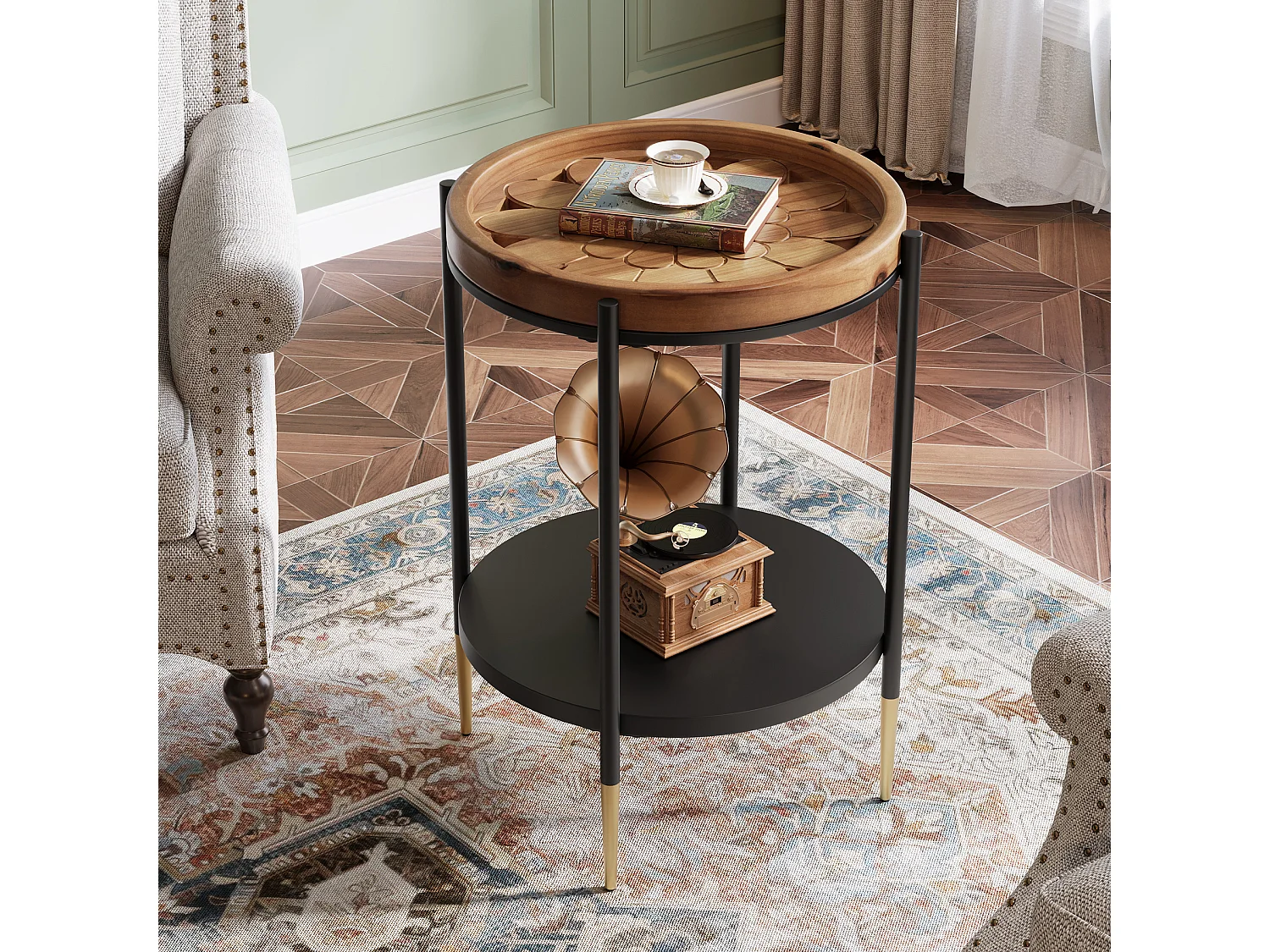 Table d'appoint ronde, table de chevet à 2 niveaux en bois massif et métal, style industriel pour petits espaces