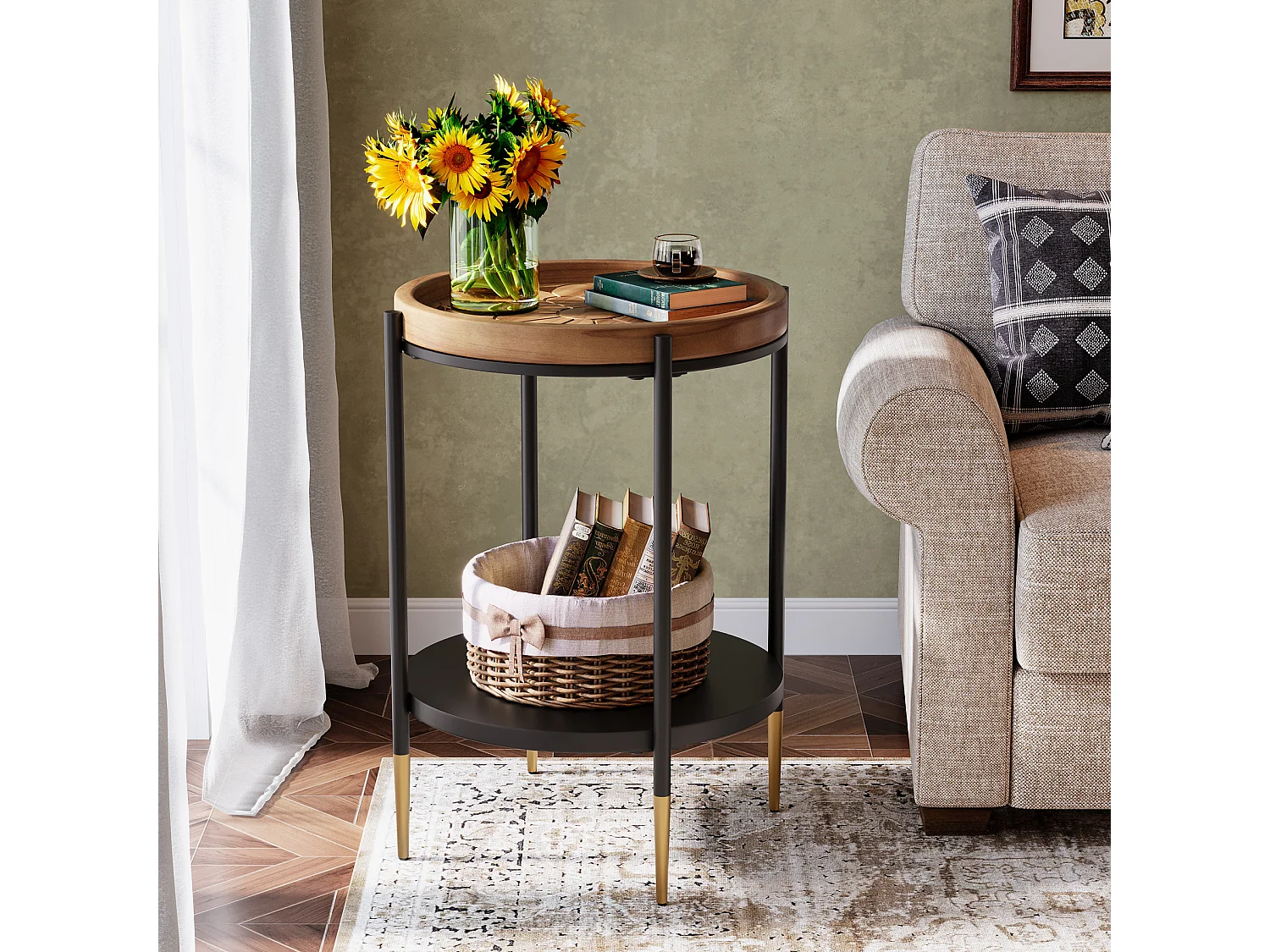 Ronde bijzettafel, 2-laags bijzettafel met massief hout en metaal, industrieel nachtkastje voor kleine ruimtes