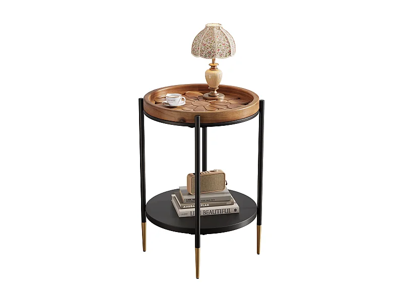 Table d'appoint ronde, table de chevet à 2 niveaux en bois massif et métal, style industriel pour petits espaces