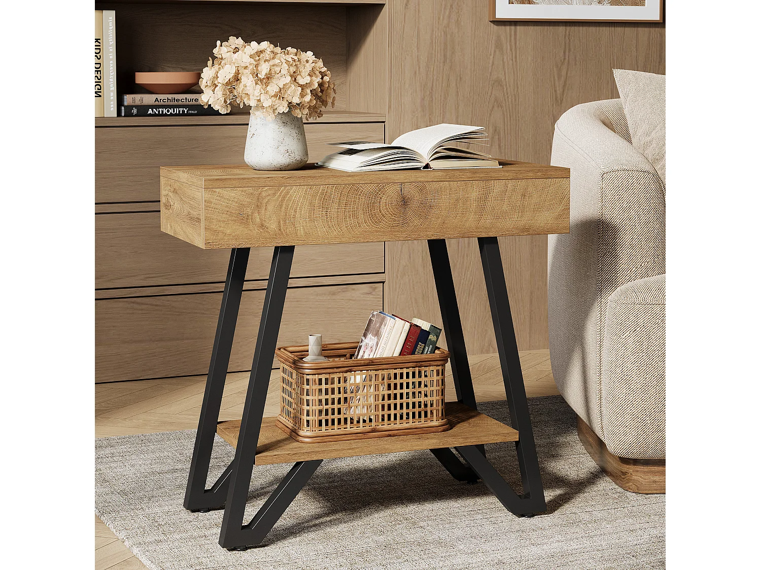 End-Beistelltisch für das Wohnzimmer, schmaler Coucharm-Beistelltisch mit Ablageschränken
