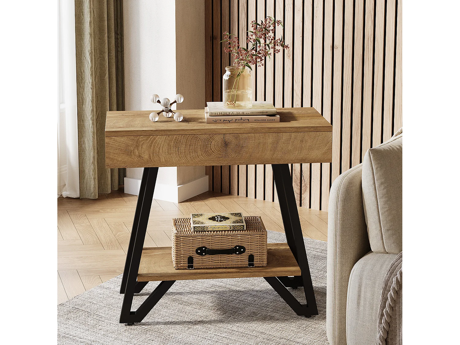 End-Beistelltisch für das Wohnzimmer, schmaler Coucharm-Beistelltisch mit Ablageschränken