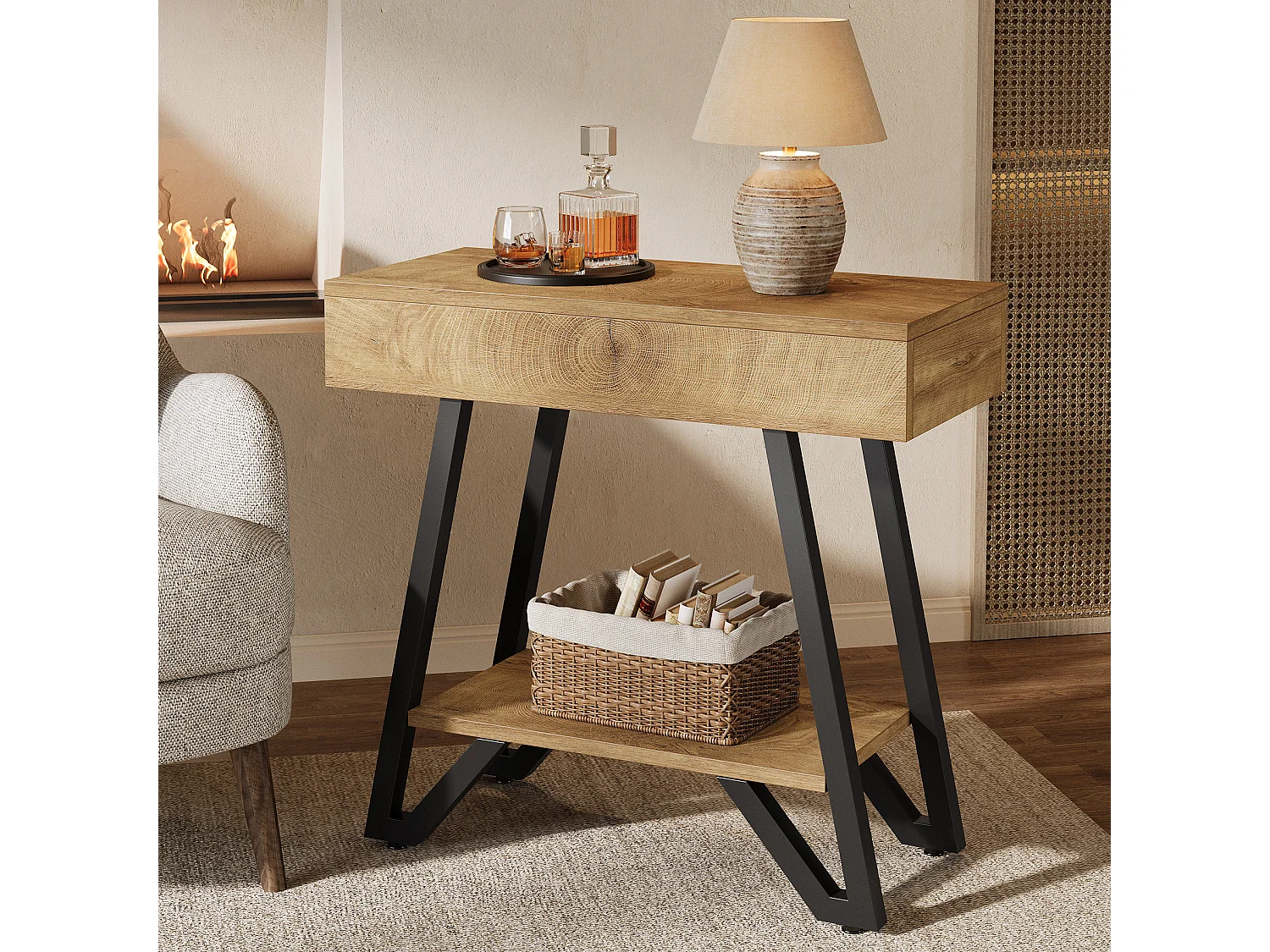 End-Beistelltisch für das Wohnzimmer, schmaler Coucharm-Beistelltisch mit Ablageschränken