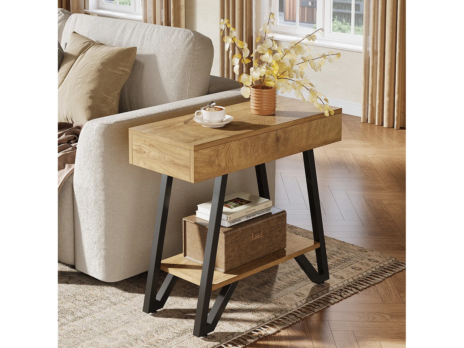 End-Beistelltisch für das Wohnzimmer, schmaler Coucharm-Beistelltisch mit Ablageschränken