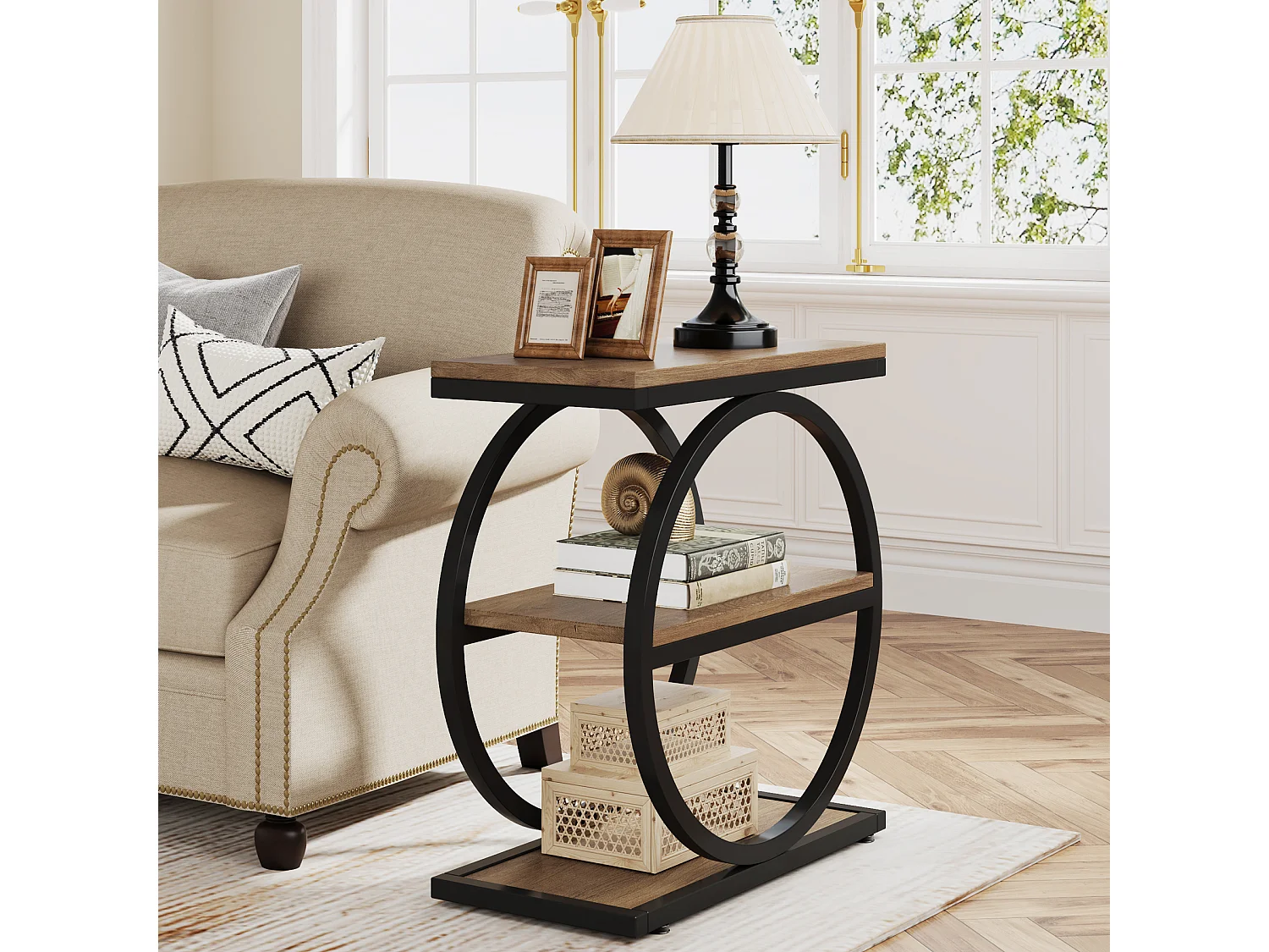 Table d'appoint étroite avec 3 étagères de rangement, style industriel, petite table de chevet pour canapé