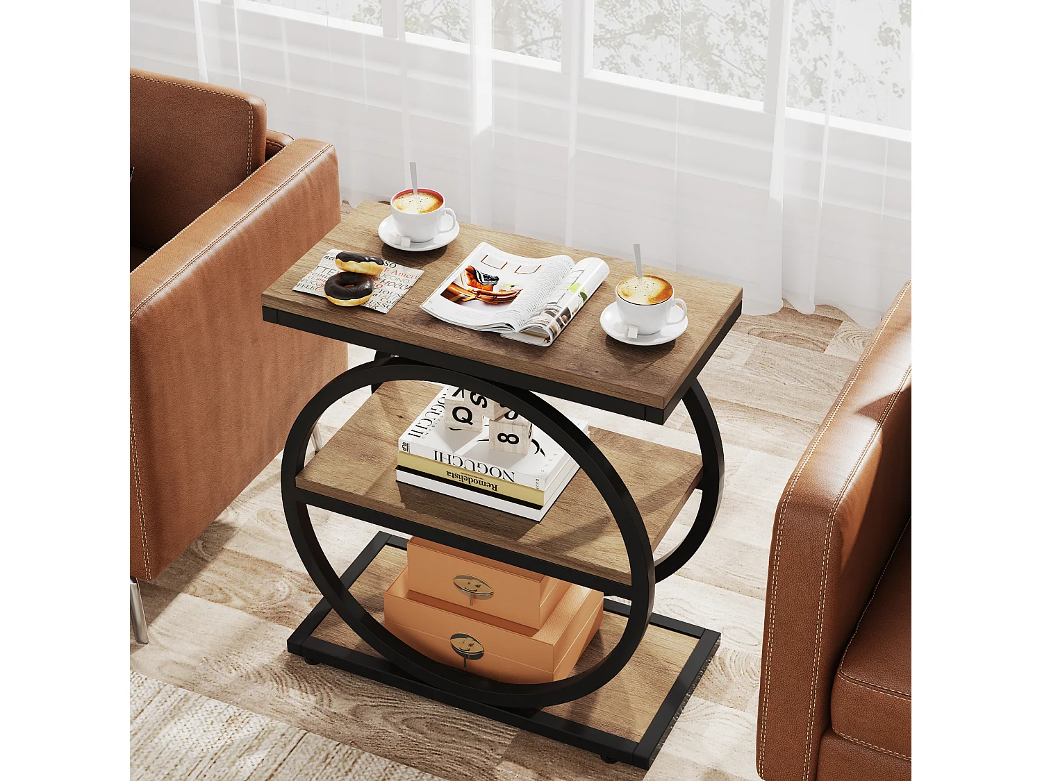 Table d'appoint étroite avec 3 étagères de rangement, style industriel, petite table de chevet pour canapé