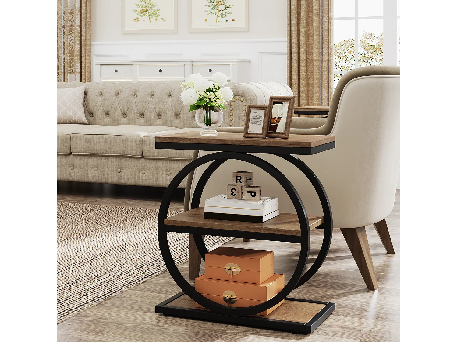 Table d'appoint étroite avec 3 étagères de rangement, style industriel, petite table de chevet pour canapé