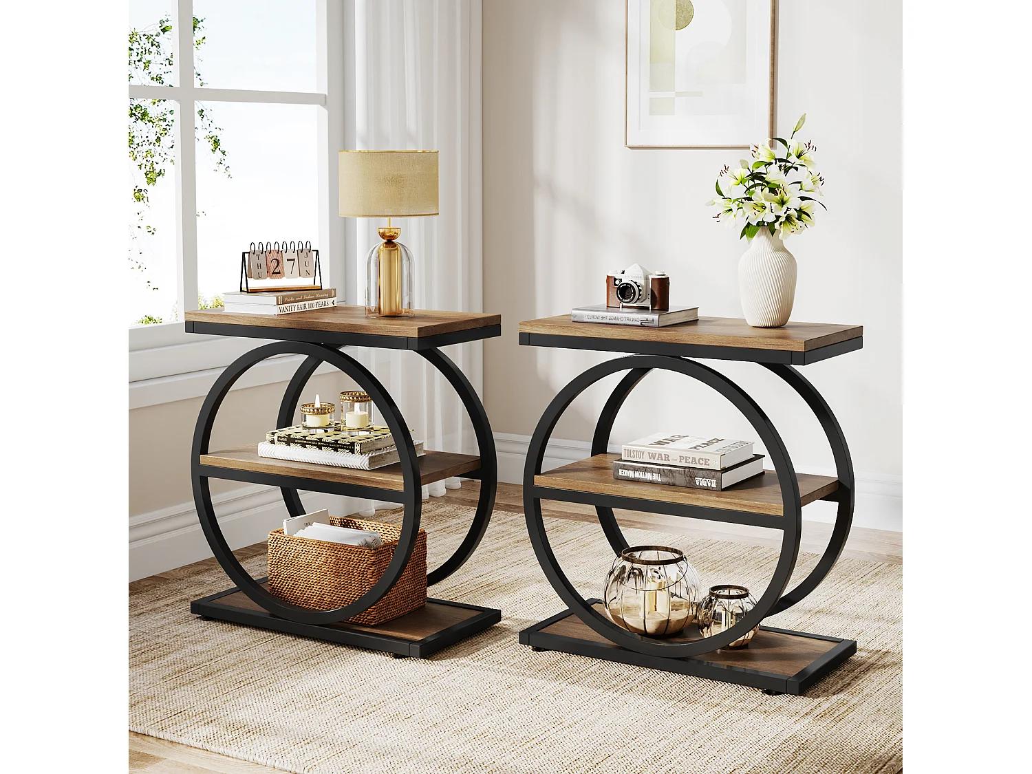 Table d'appoint étroite avec 3 étagères de rangement, style industriel, petite table de chevet pour canapé