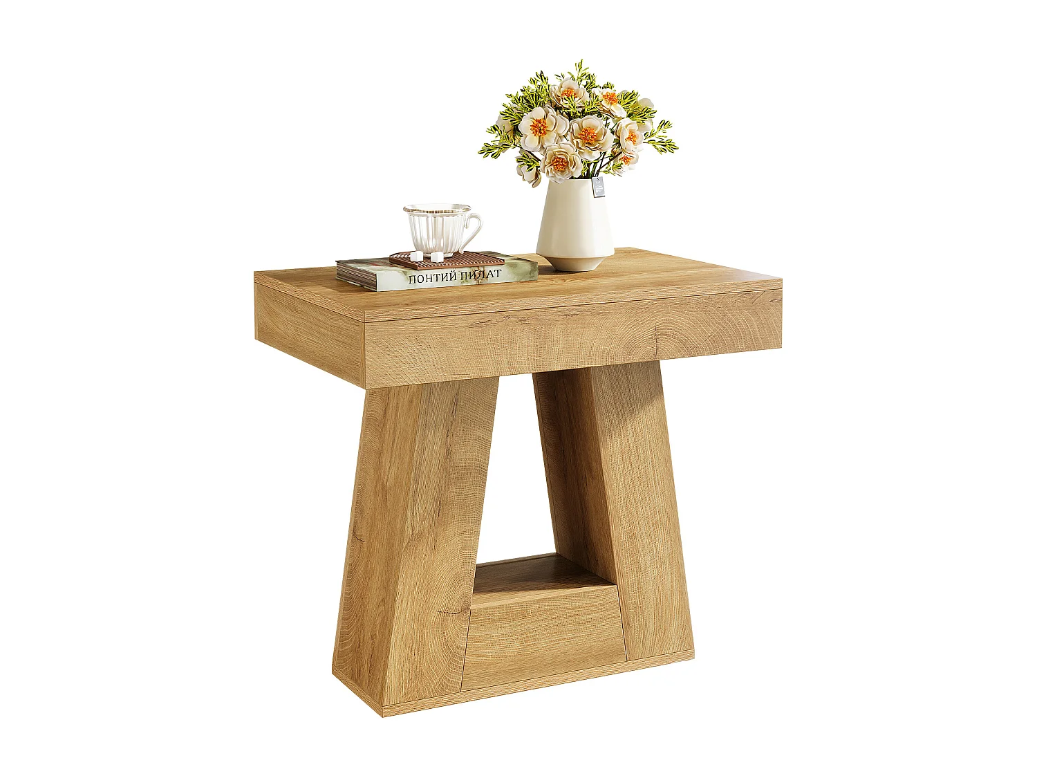 Mesa lateral moderna de 2 niveles, mesita de noche con base trapezoidal, pequeña mesita de noche