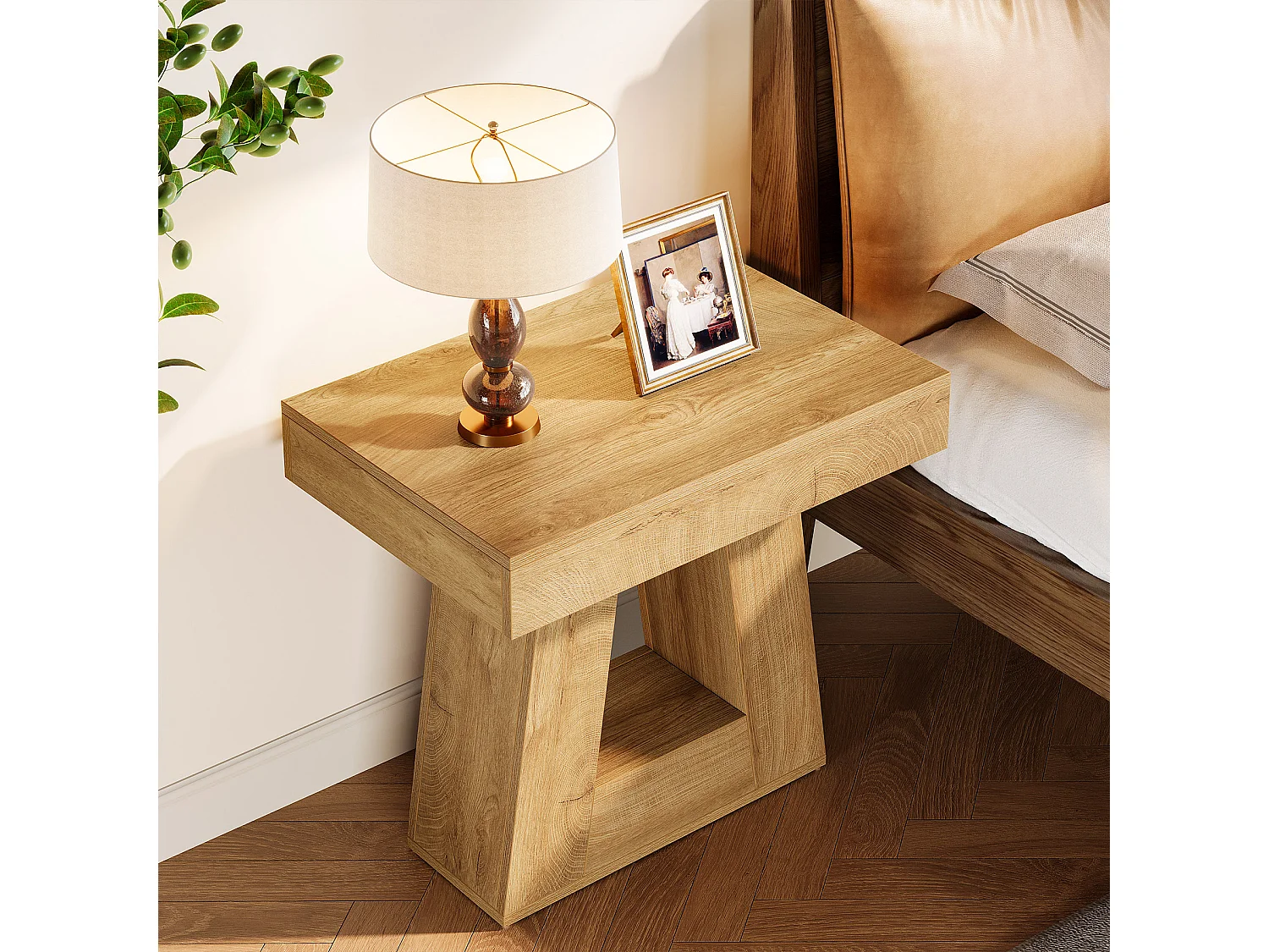 Mesa lateral moderna de 2 niveles, mesita de noche con base trapezoidal, pequeña mesita de noche