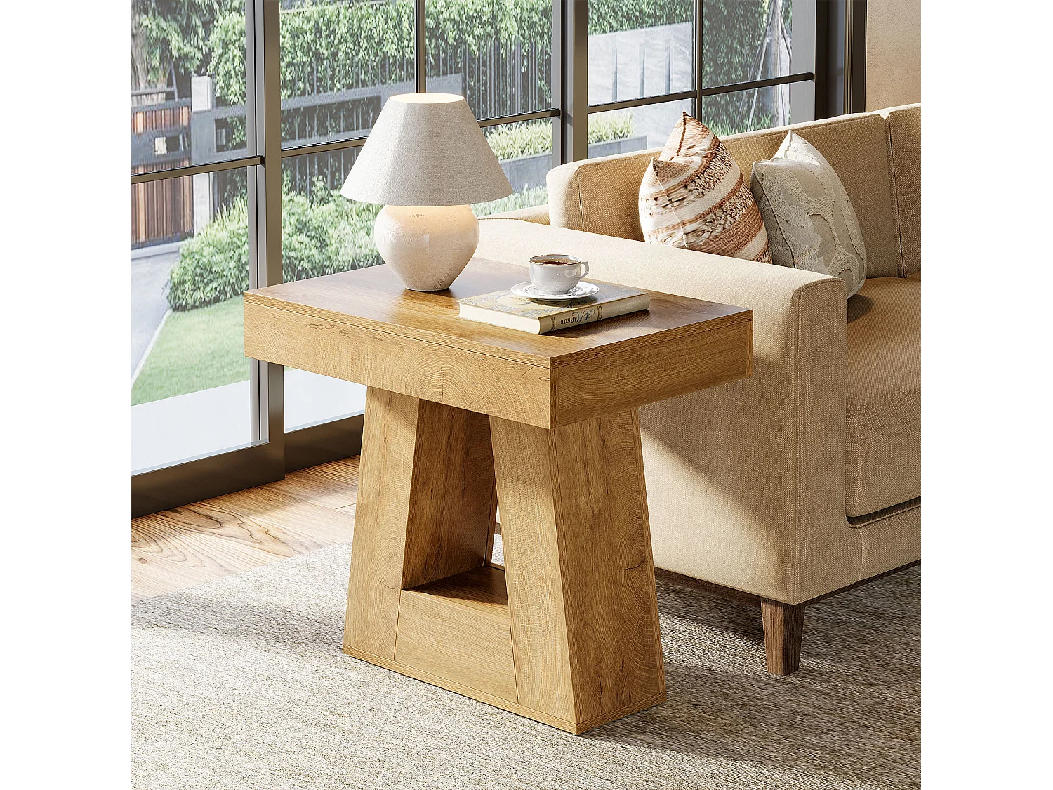 Mesa lateral moderna de 2 niveles, mesita de noche con base trapezoidal, pequeña mesita de noche