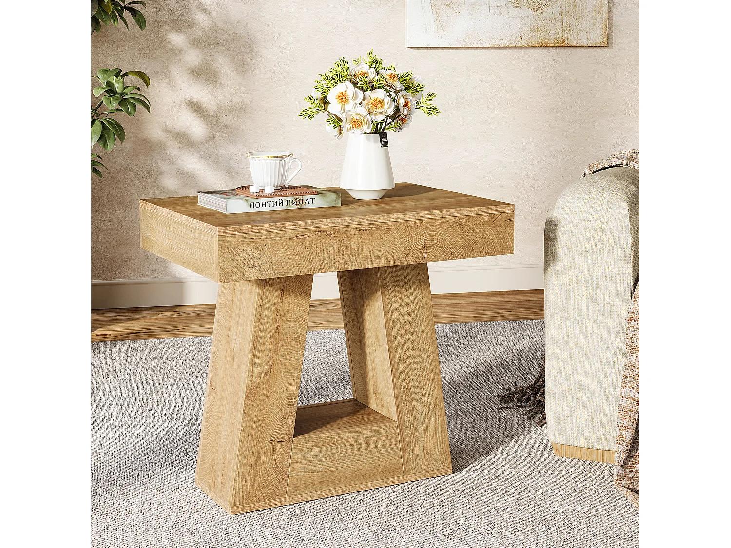 Table d'appoint moderne à 2 niveaux, table de chevet avec base trapézoïdale, petite table de chevet