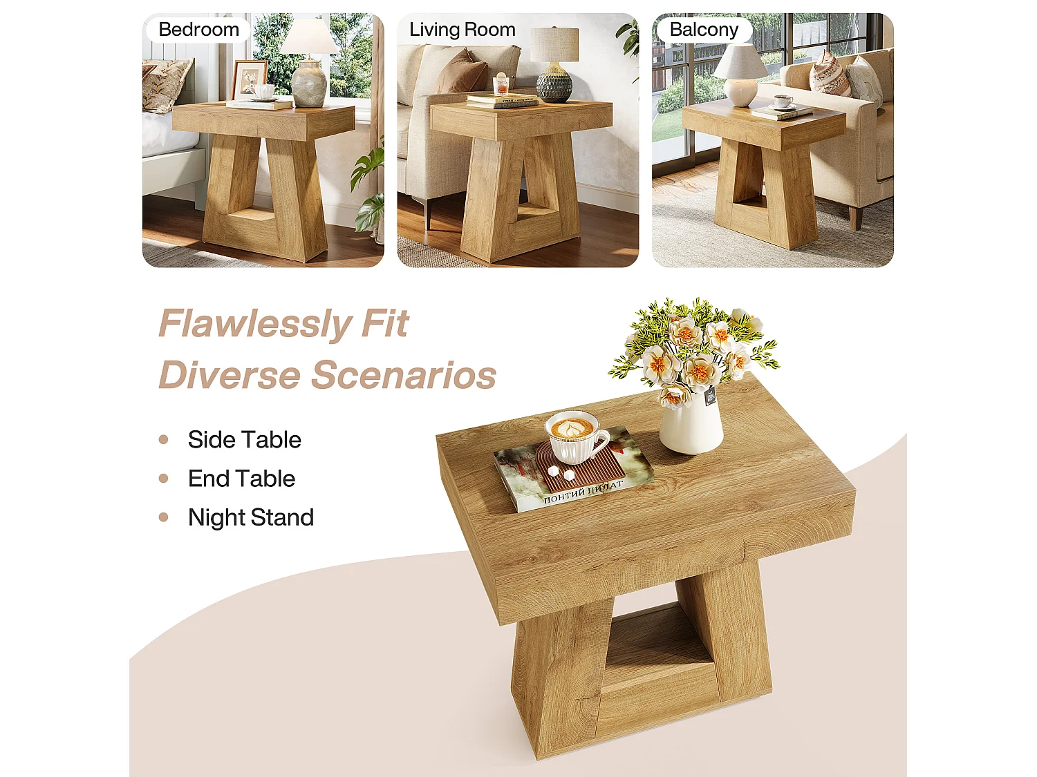 Table d'appoint moderne à 2 niveaux, table de chevet avec base trapézoïdale, petite table de chevet
