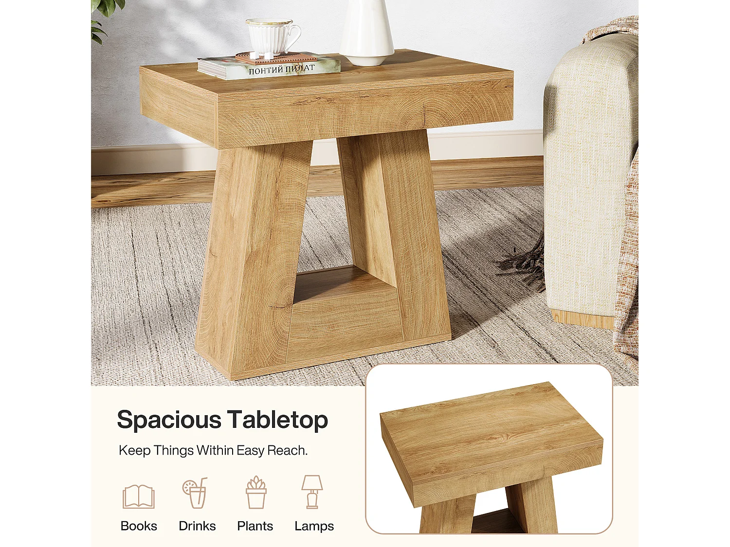 Table d'appoint moderne à 2 niveaux, table de chevet avec base trapézoïdale, petite table de chevet