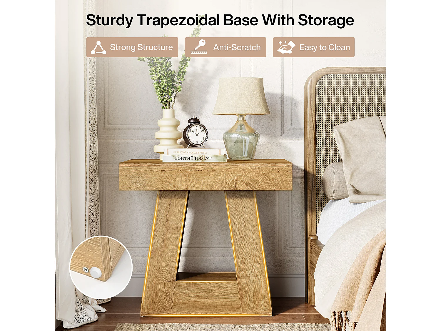 Table d'appoint moderne à 2 niveaux, table de chevet avec base trapézoïdale, petite table de chevet