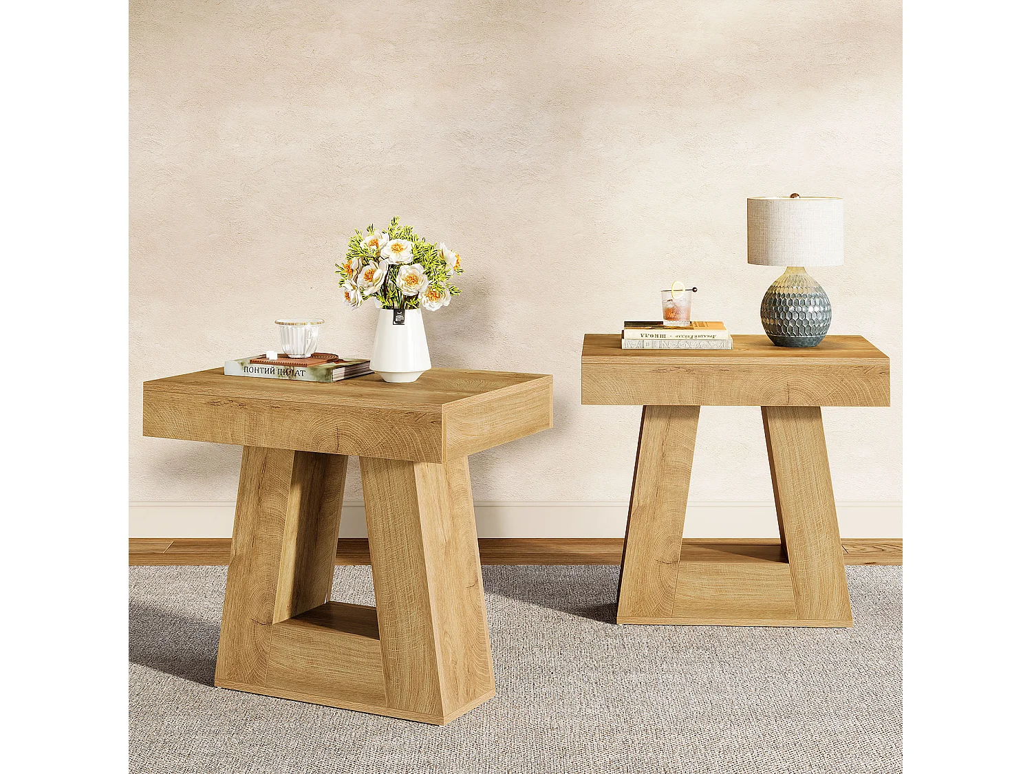 Table d'appoint moderne à 2 niveaux, table de chevet avec base trapézoïdale, petite table de chevet