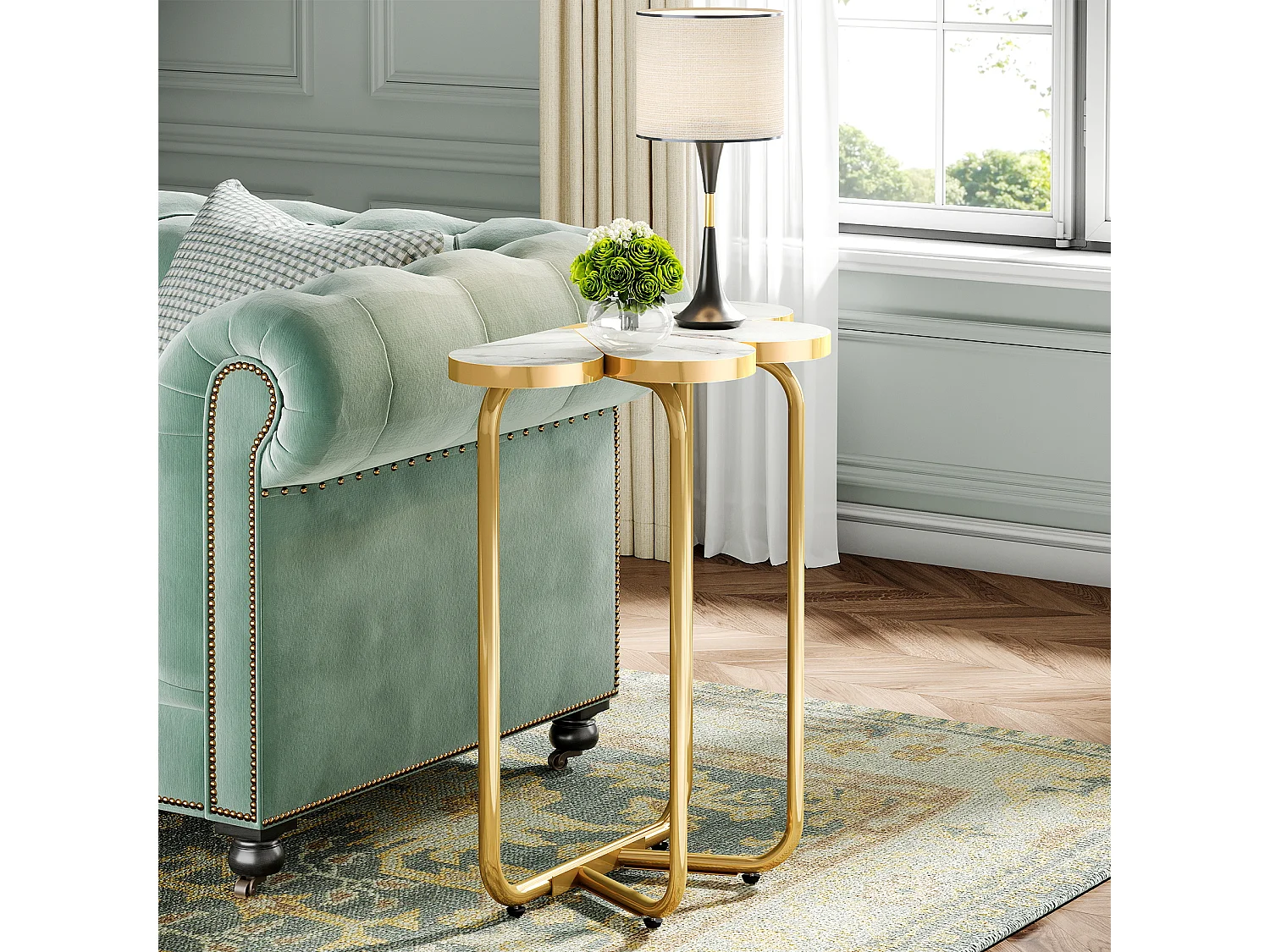 Table d'appoint étroite, table d'appoint demi-fleur avec cadre doré élégant et finition imitation marbre