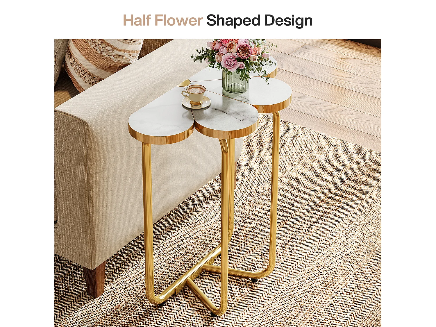 Table d'appoint étroite, table d'appoint demi-fleur avec cadre doré élégant et finition imitation marbre