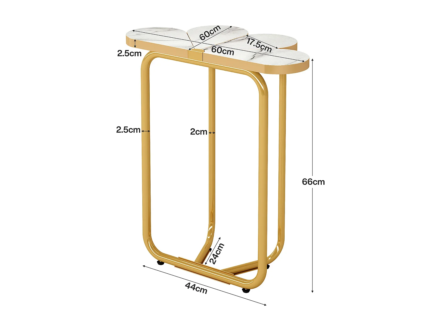 Table d'appoint étroite, table d'appoint demi-fleur avec cadre doré élégant et finition imitation marbre