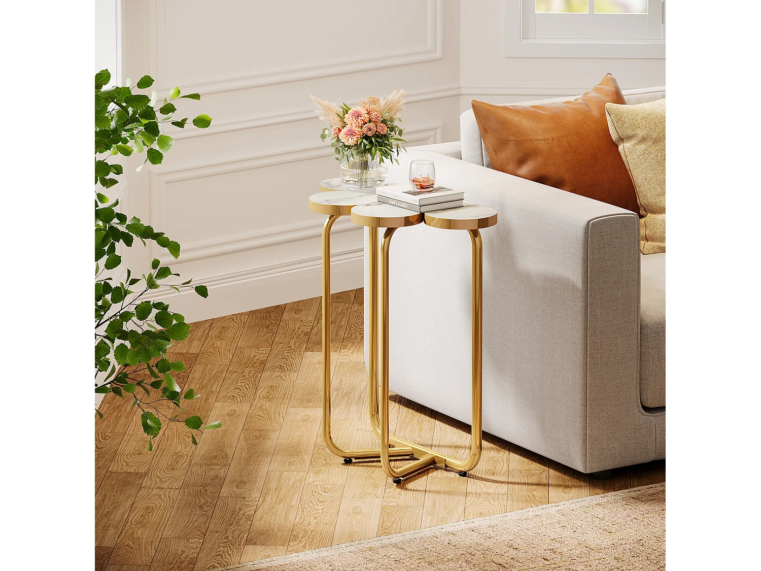 Table d'appoint étroite, table d'appoint demi-fleur avec cadre doré élégant et finition imitation marbre
