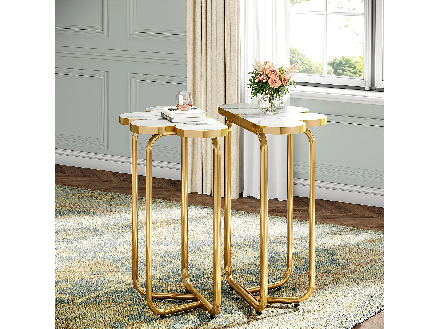 Table d'appoint étroite, table d'appoint demi-fleur avec cadre doré élégant et finition imitation marbre