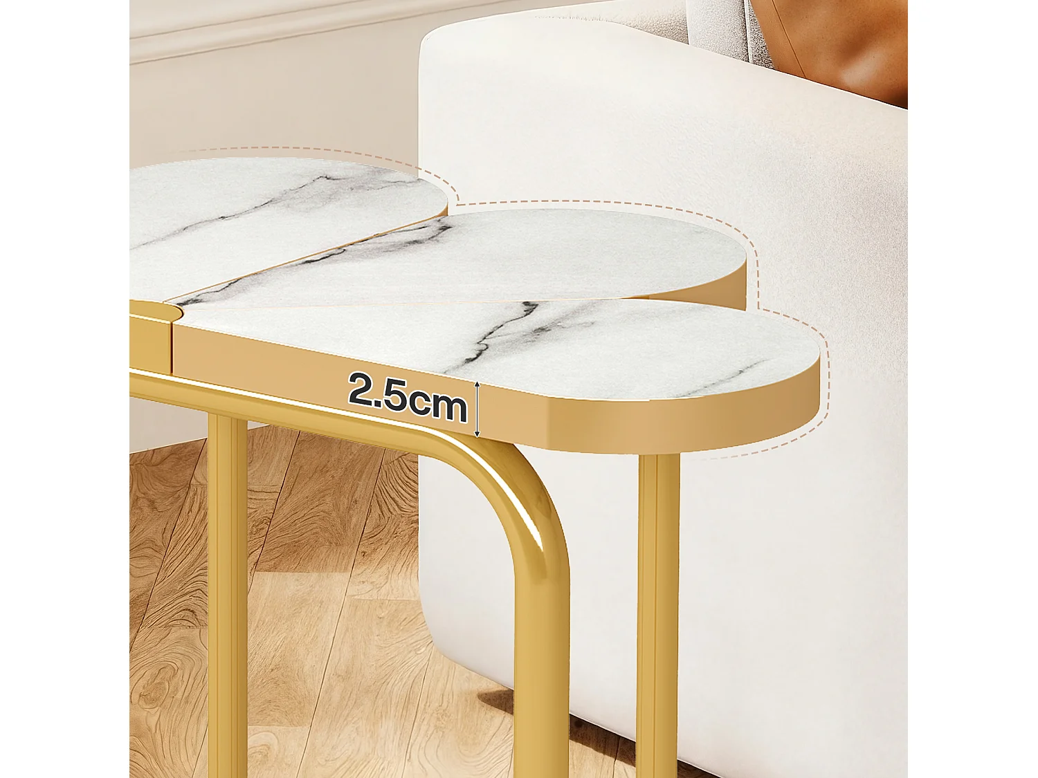 Table d'appoint étroite, table d'appoint demi-fleur avec cadre doré élégant et finition imitation marbre