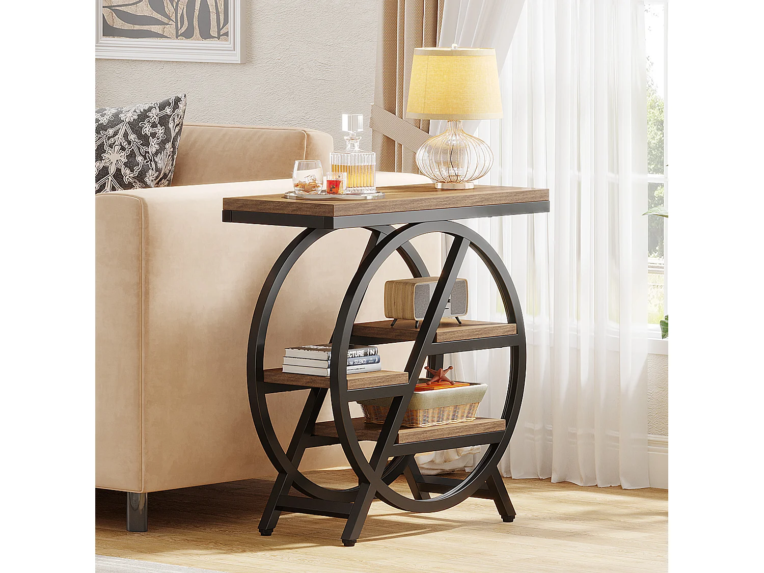 Mesa lateral estrecha con amplio espacio de almacenamiento de 4 niveles, mesa de noche moderna