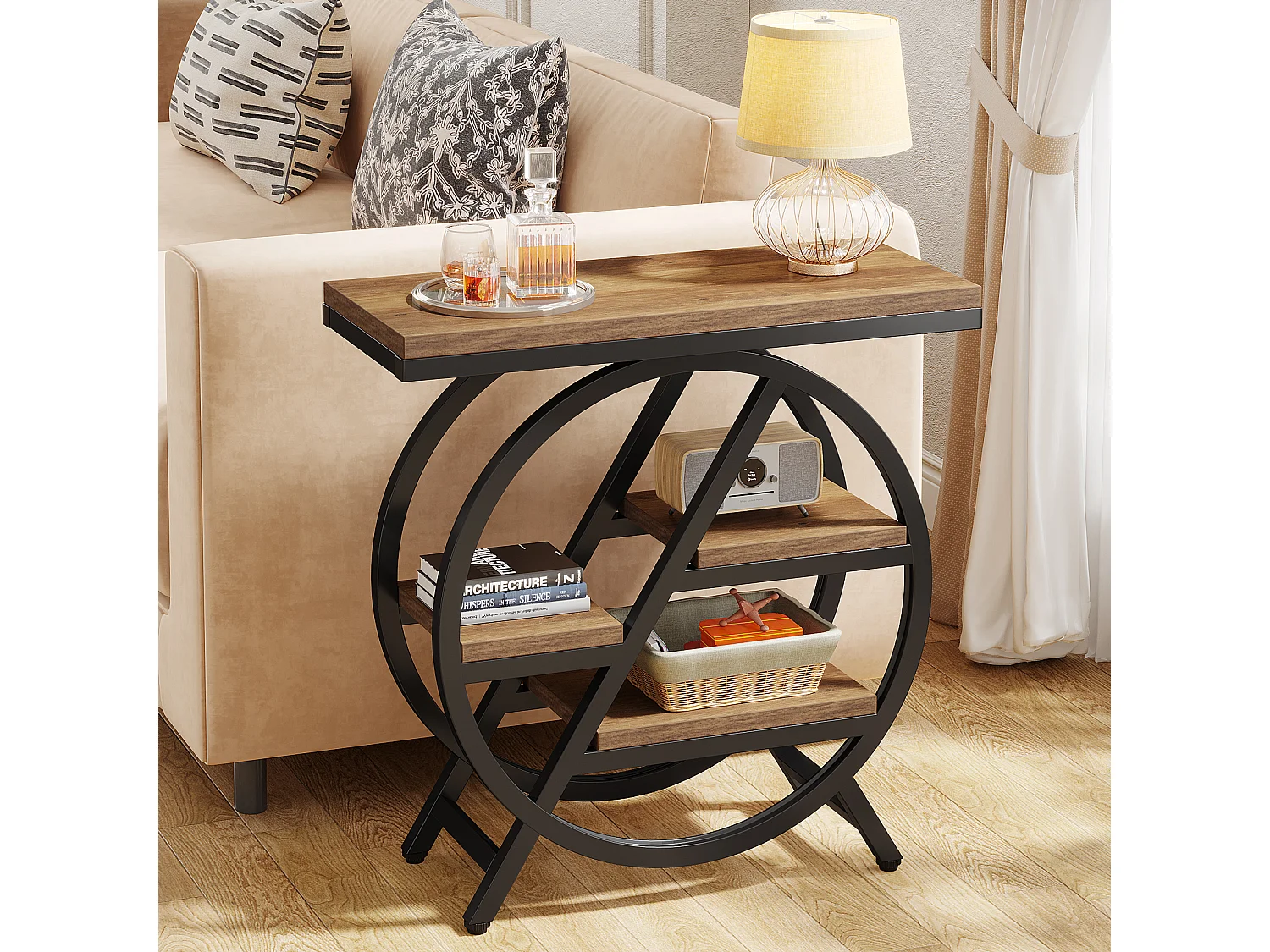 Mesa lateral estrecha con amplio espacio de almacenamiento de 4 niveles, mesa de noche moderna