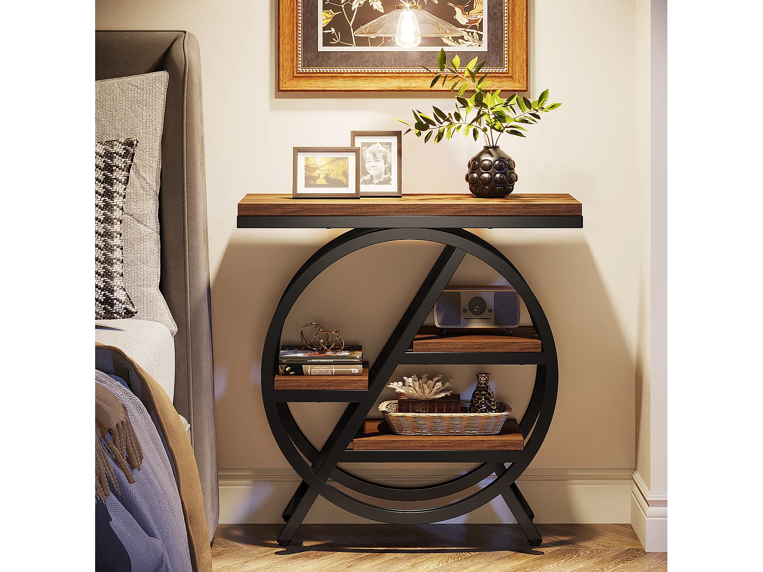 Mesa lateral estrecha con amplio espacio de almacenamiento de 4 niveles, mesa de noche moderna