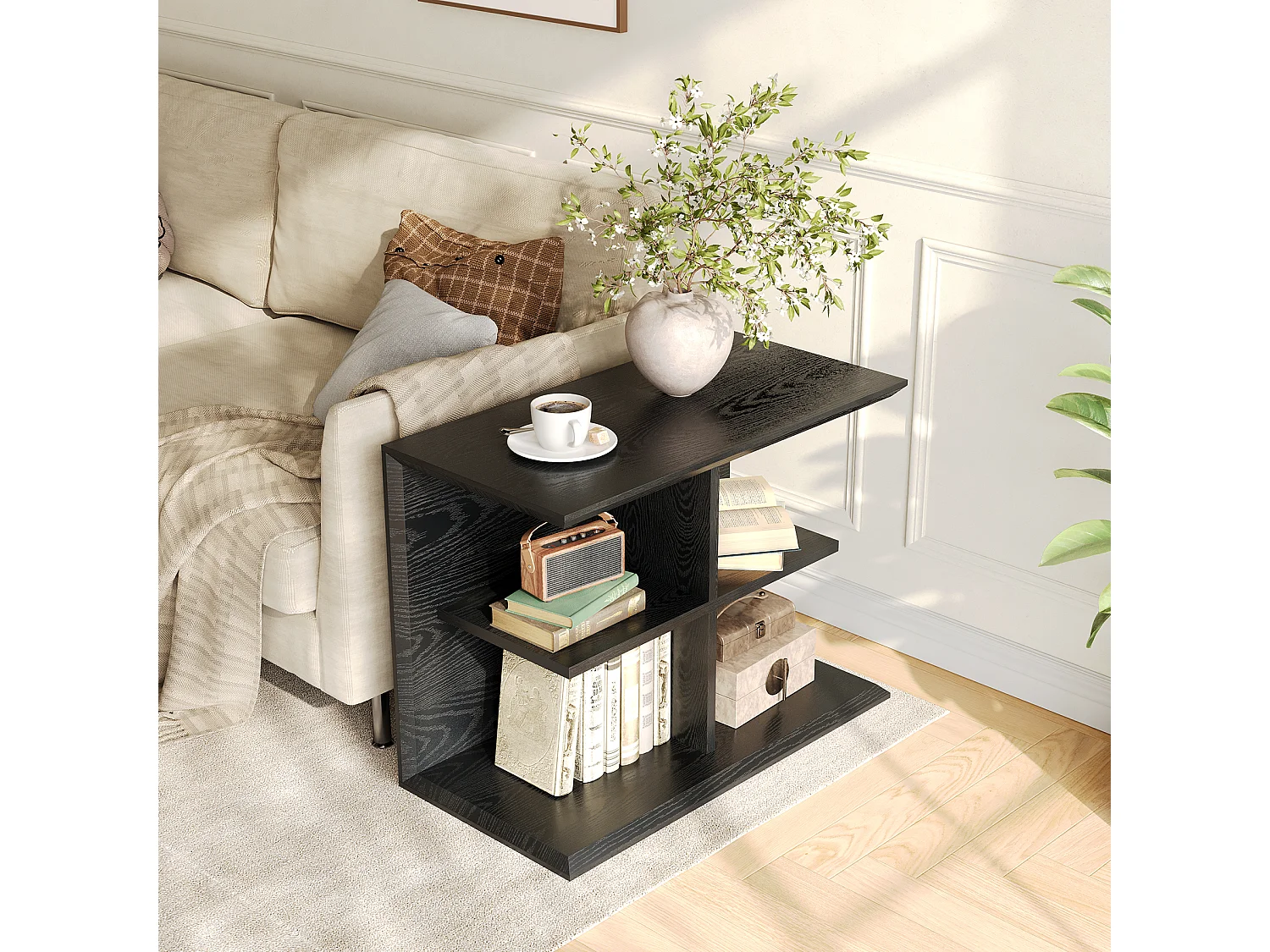 Tables d'appoint noires pour salon, table d'appoint à 3 niveaux avec rangement, table de chevet moderne