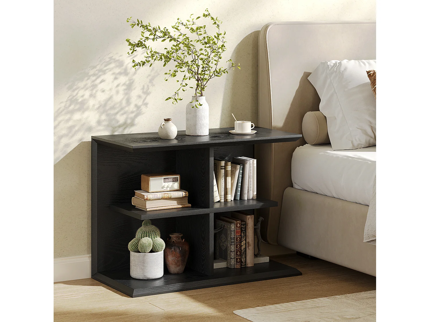 Tables d'appoint noires pour salon, table d'appoint à 3 niveaux avec rangement, table de chevet moderne