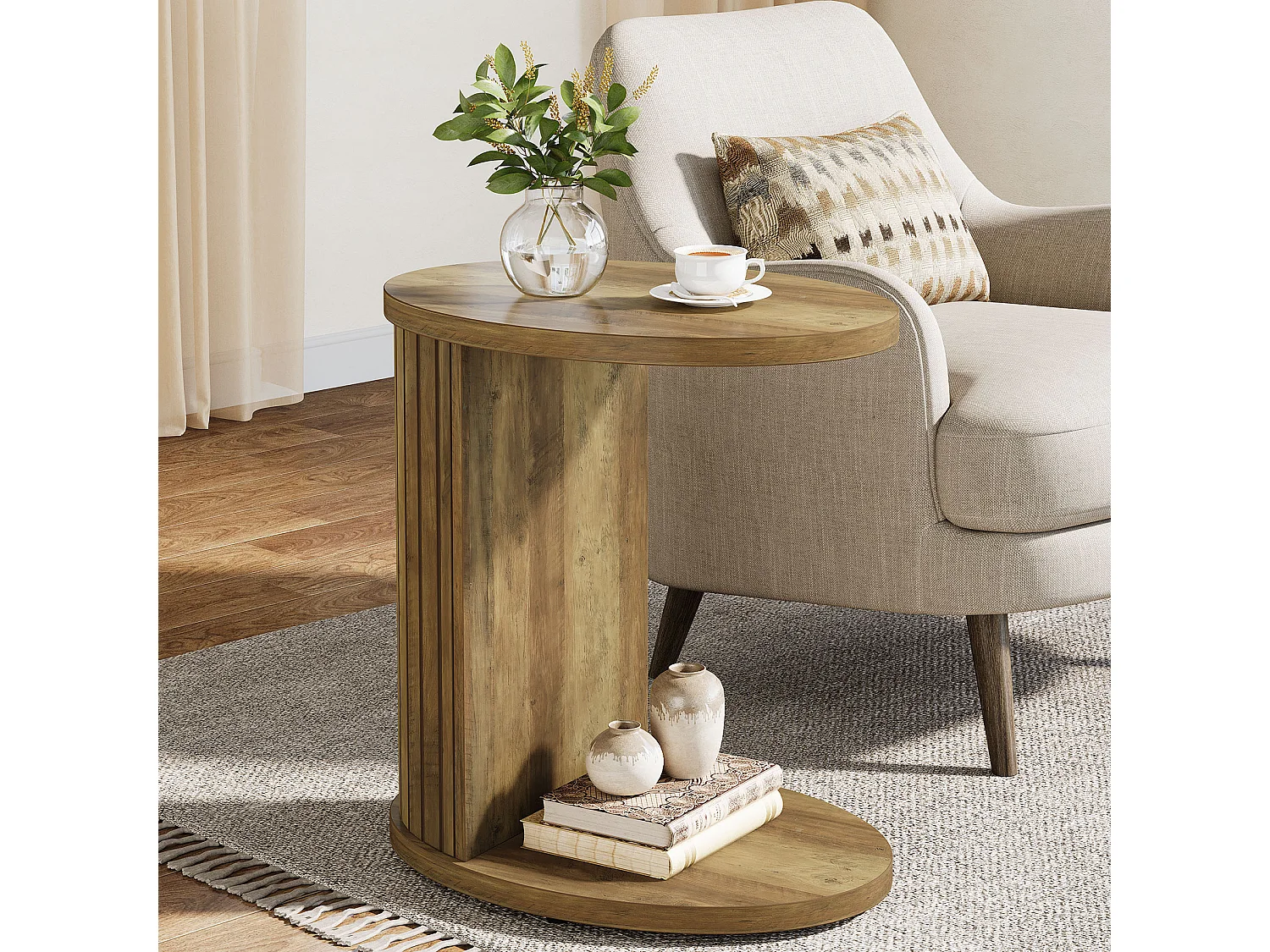 Mesa de Cabeceira para Sofá, Mesa Lateral de 2 Andares com Prateleira de Armazenamento, Mesa em C para Sofá, Espaço Pequeno