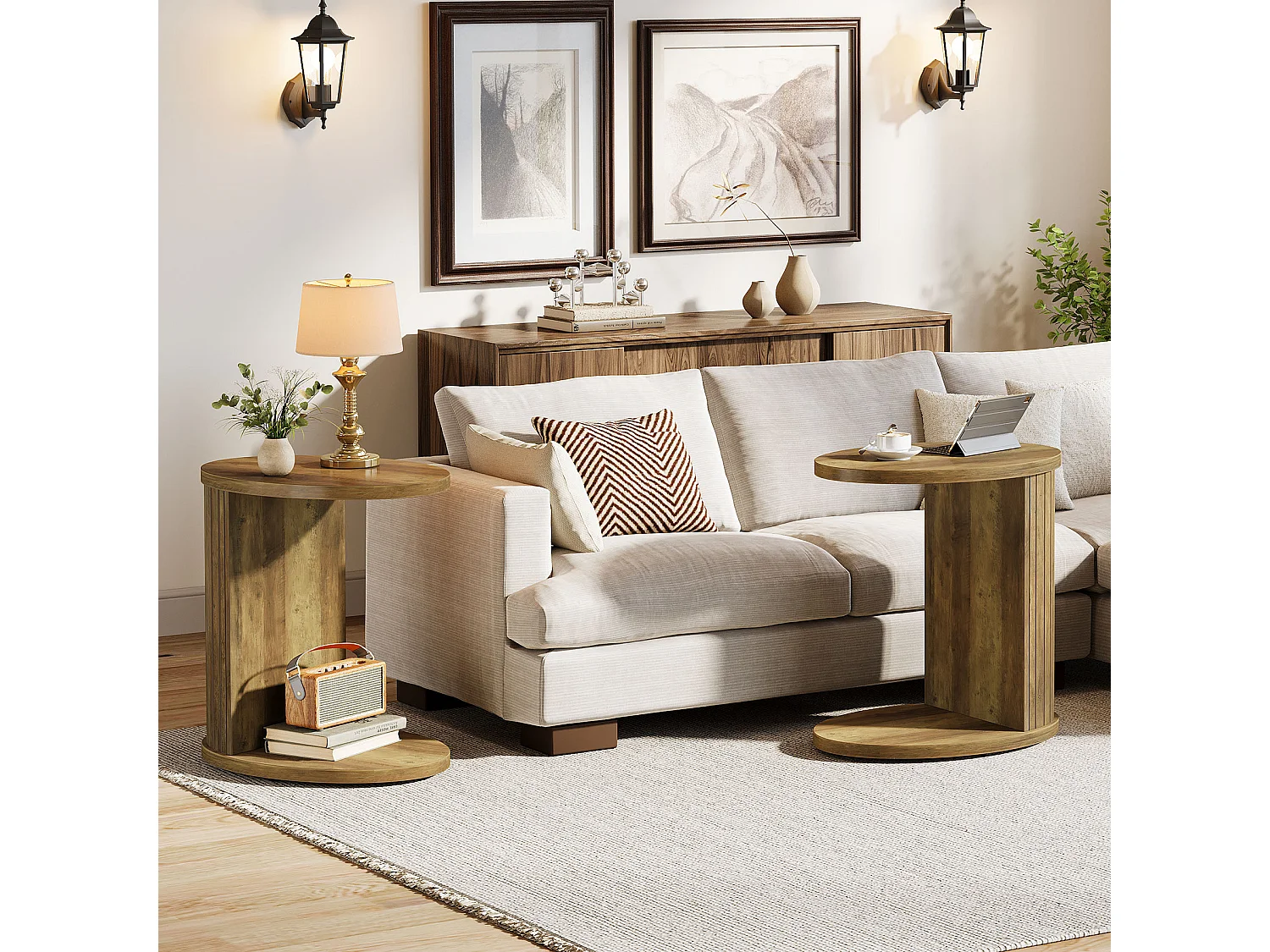 Mesa de Cabeceira para Sofá, Mesa Lateral de 2 Andares com Prateleira de Armazenamento, Mesa em C para Sofá, Espaço Pequeno