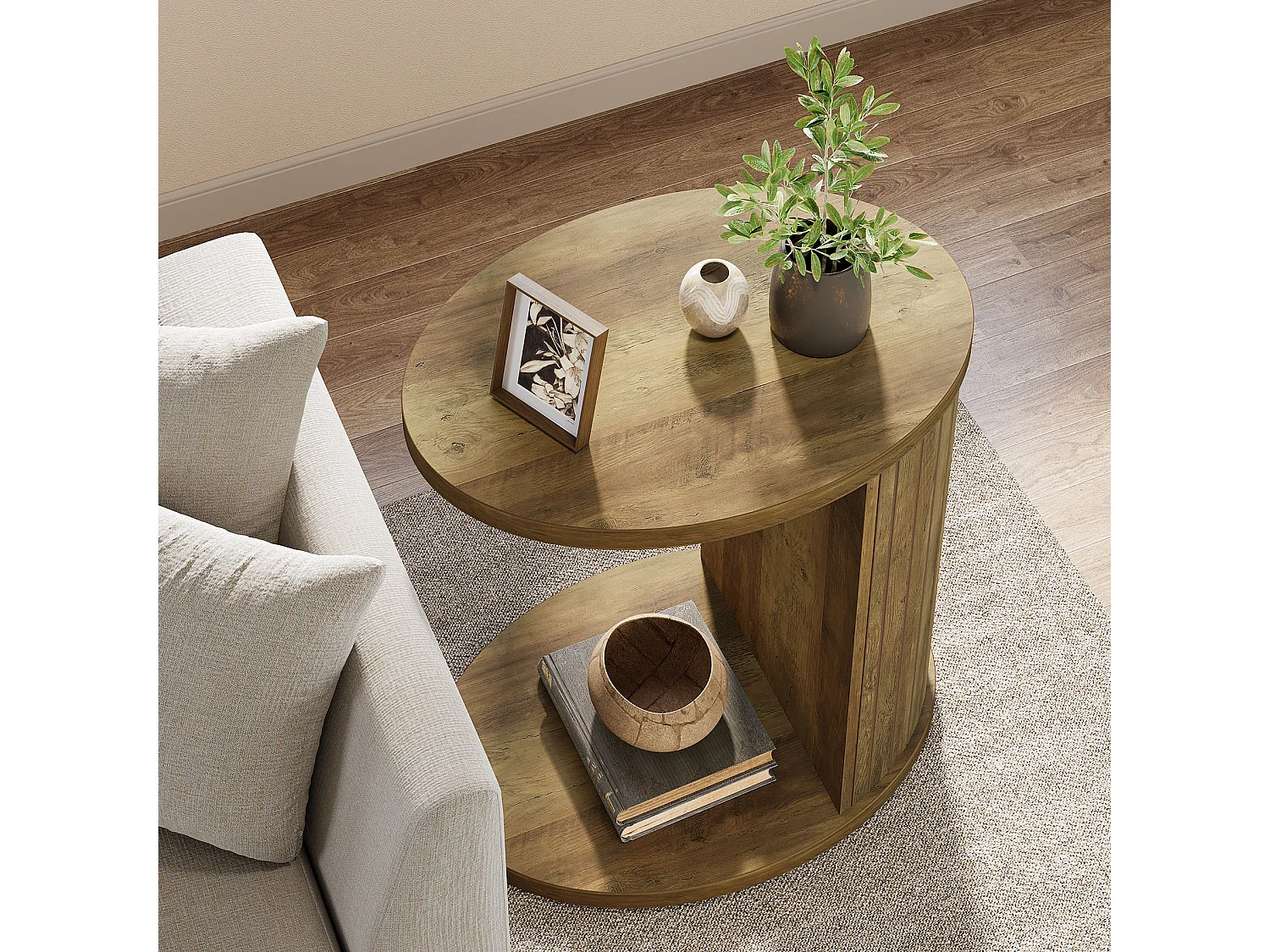 Table d'appoint pour canapé, table latérale à 2 niveaux avec étagère de rangement, table en C pour canapé, idéale pour les petits espaces