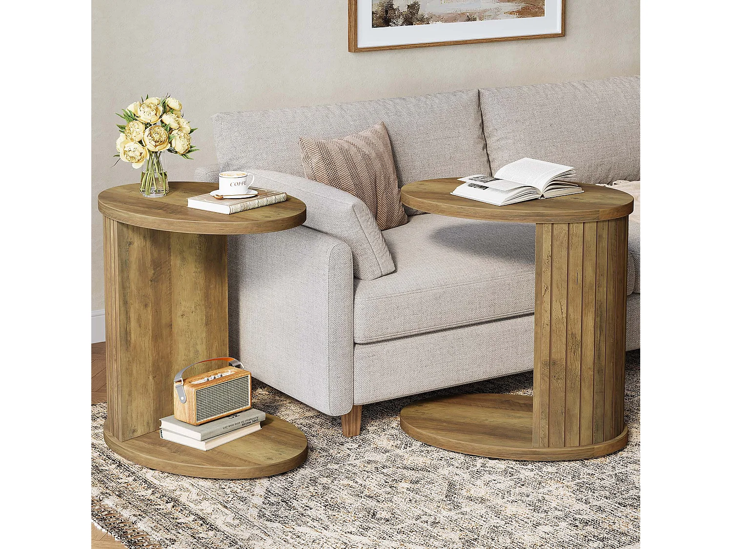 Table d'appoint pour canapé, table latérale à 2 niveaux avec étagère de rangement, table en C pour canapé, idéale pour les petits espaces