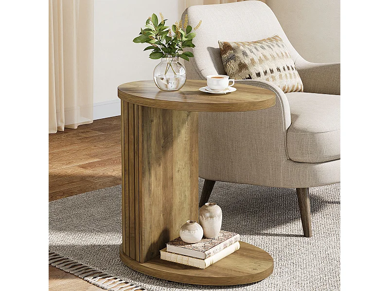 Mesa de centro para sofá, mesa lateral de 2 niveles con estante de almacenamiento, mesa en forma de C para sofá, espacio reducido