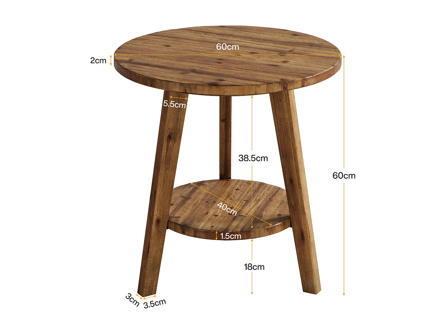 Mesa Lateral Redonda de Madeira Sólida de 60cm, Mesa Lateral de Sofá com Prateleira de Armazenamento, Mesa de Cabeceira no Estilo Rural