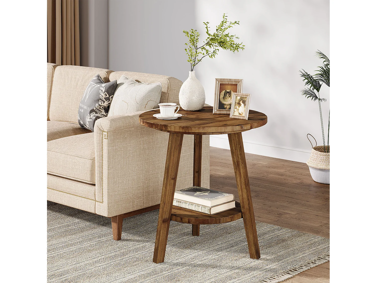 Mesa Lateral Redonda de Madeira Sólida de 60cm, Mesa Lateral de Sofá com Prateleira de Armazenamento, Mesa de Cabeceira no Estilo Rural