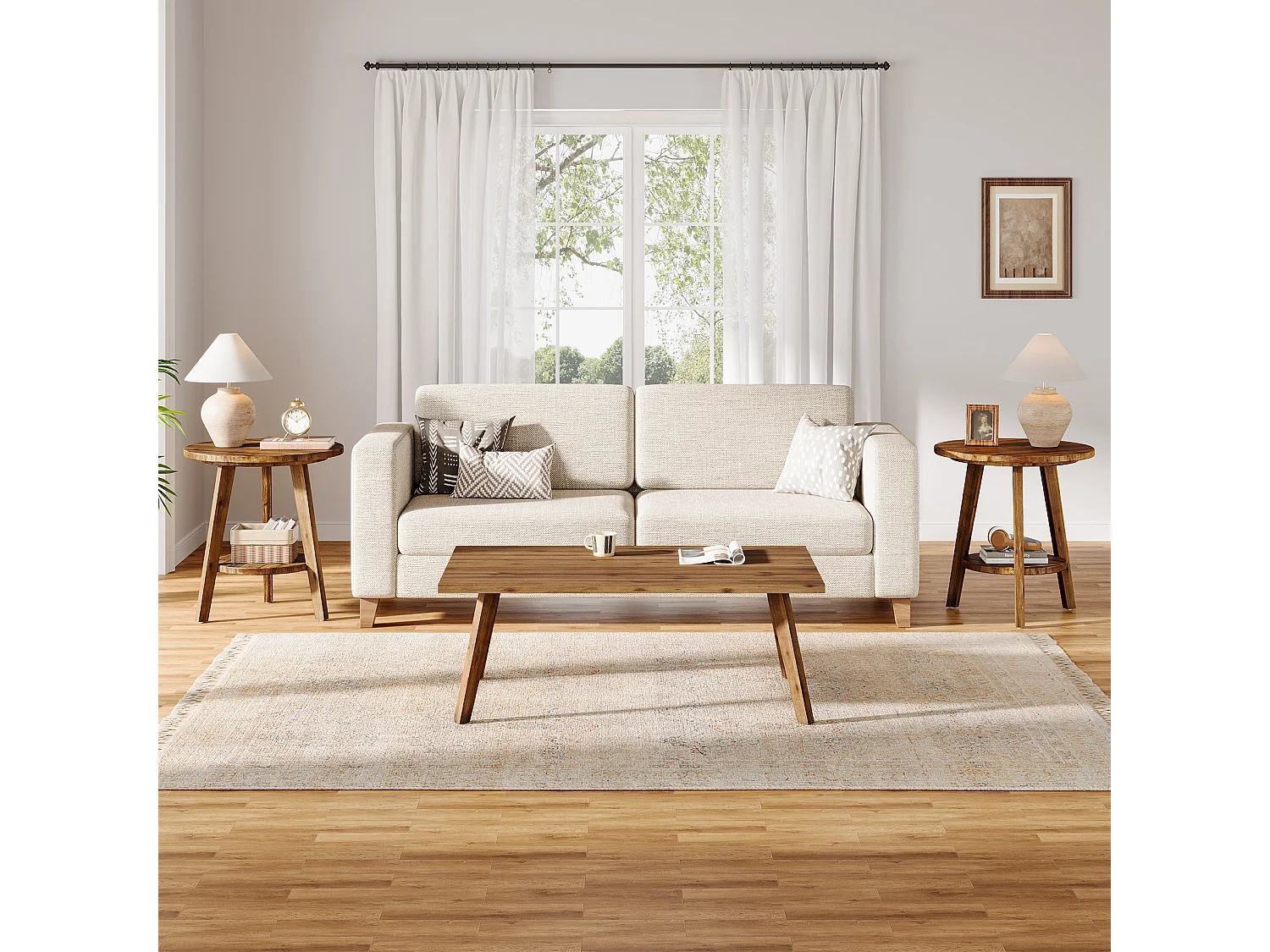 Mesa Lateral Redonda de Madeira Sólida de 60cm, Mesa Lateral de Sofá com Prateleira de Armazenamento, Mesa de Cabeceira no Estilo Rural