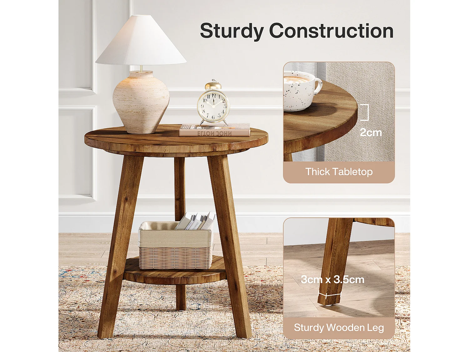 Table d'appoint ronde en bois massif de 60 cm, table de chevet avec étagère de rangement, style campagnard