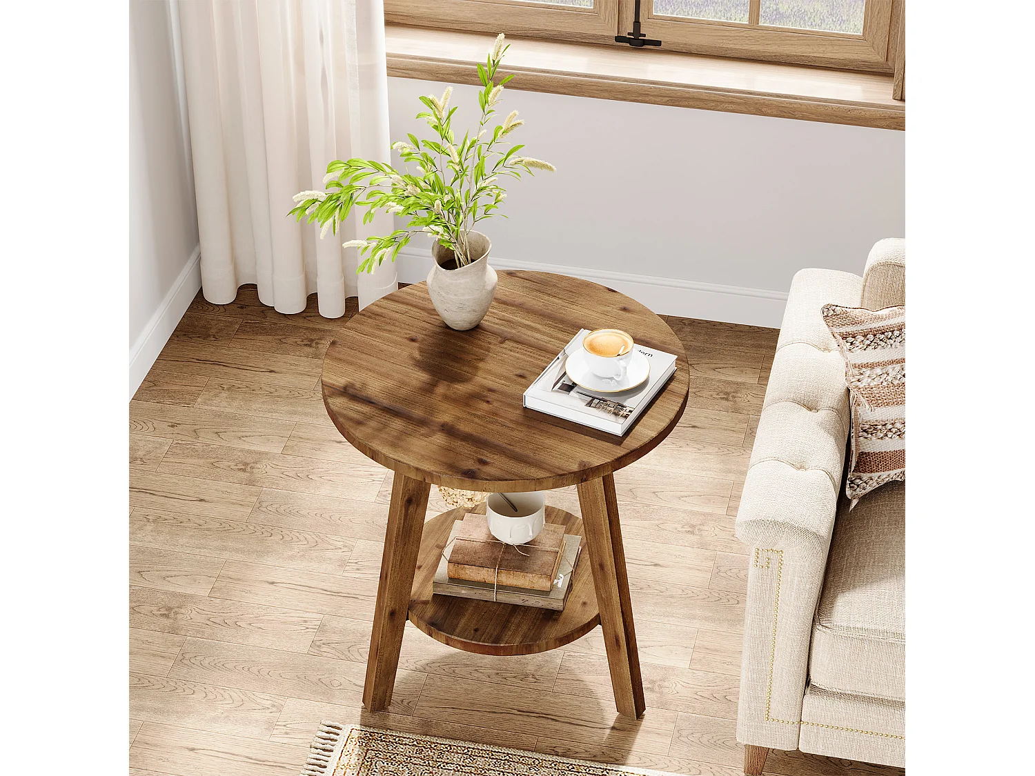 Table d'appoint ronde en bois massif de 60 cm, table de chevet avec étagère de rangement, style campagnard